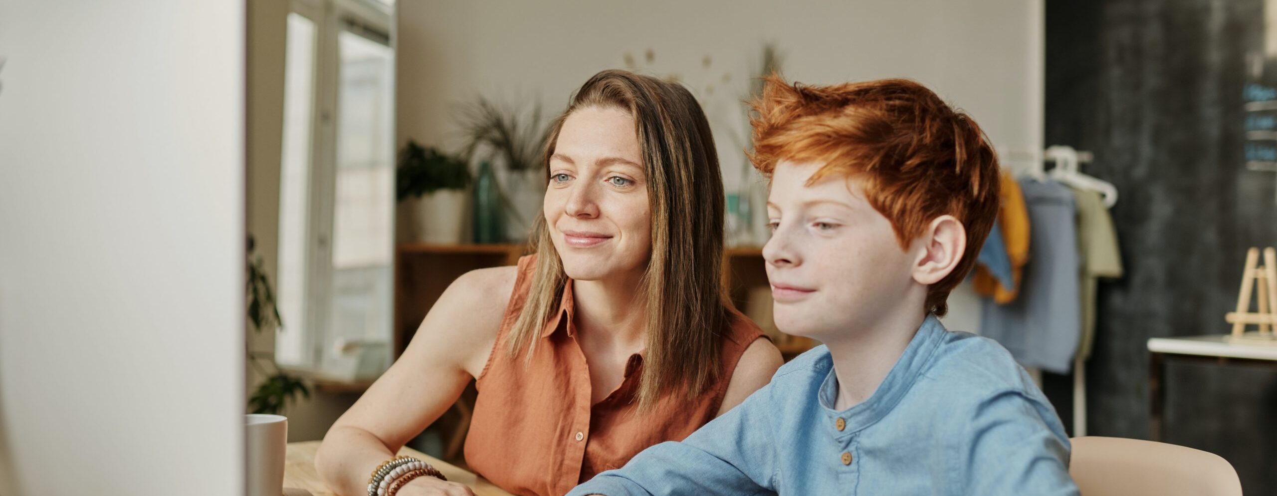 Image of a mother and son looking at something online