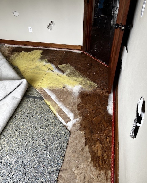 Image of a room in a Ridgefield Washington home with the carpet and hardwood removed, and seeing the contrast of wet subfloor with dry subfloor showing where the water damage stopped.