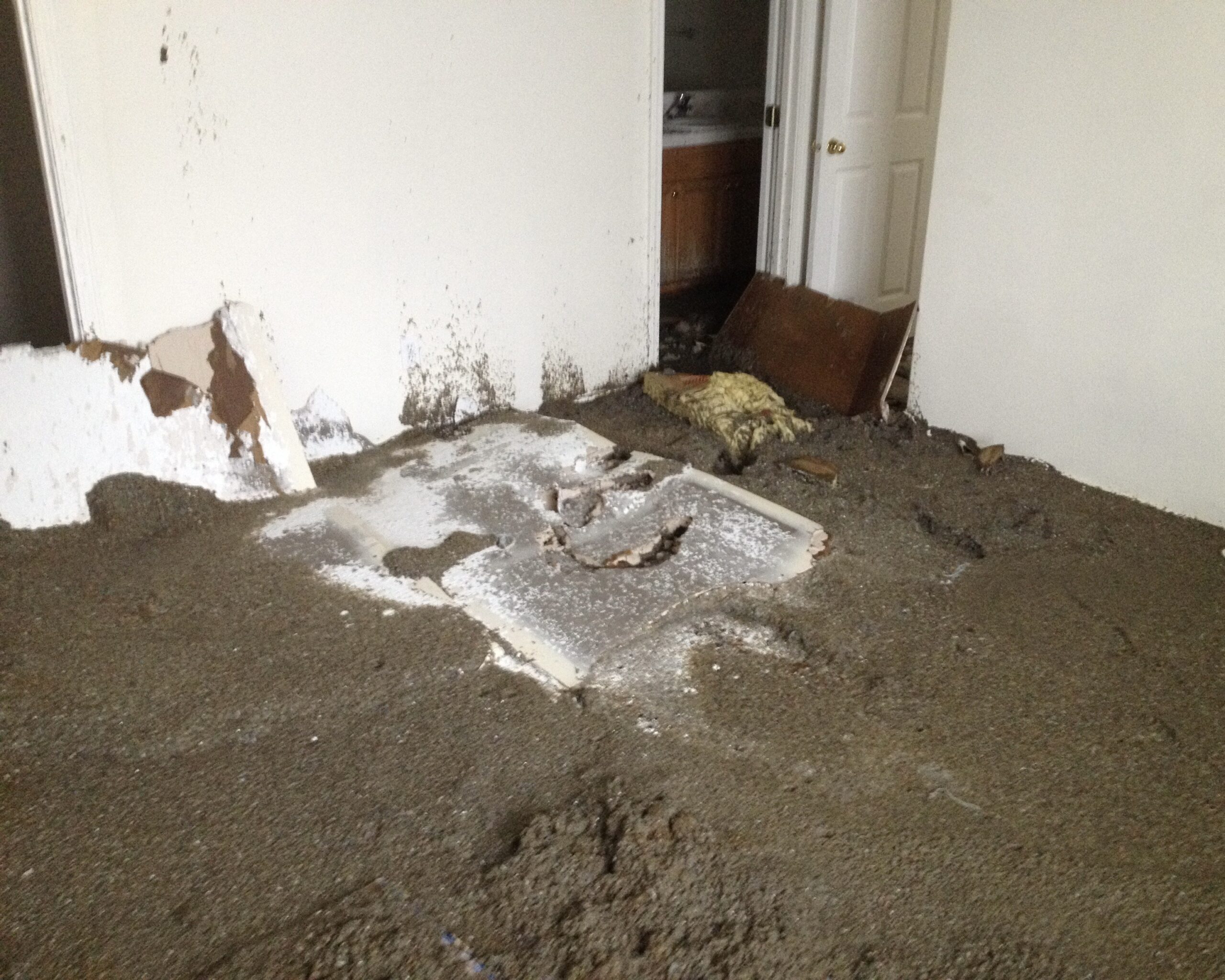 Ceiling insulation on the floor of a master bedroom after a frozen pipe in the ceiling burst and collapsed the ceiling drywall.